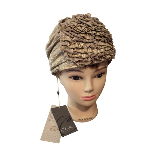 New Turban Christine Headwear Aimee Turban taupe foil Neutral print linen NWT - Picture 6 of 9